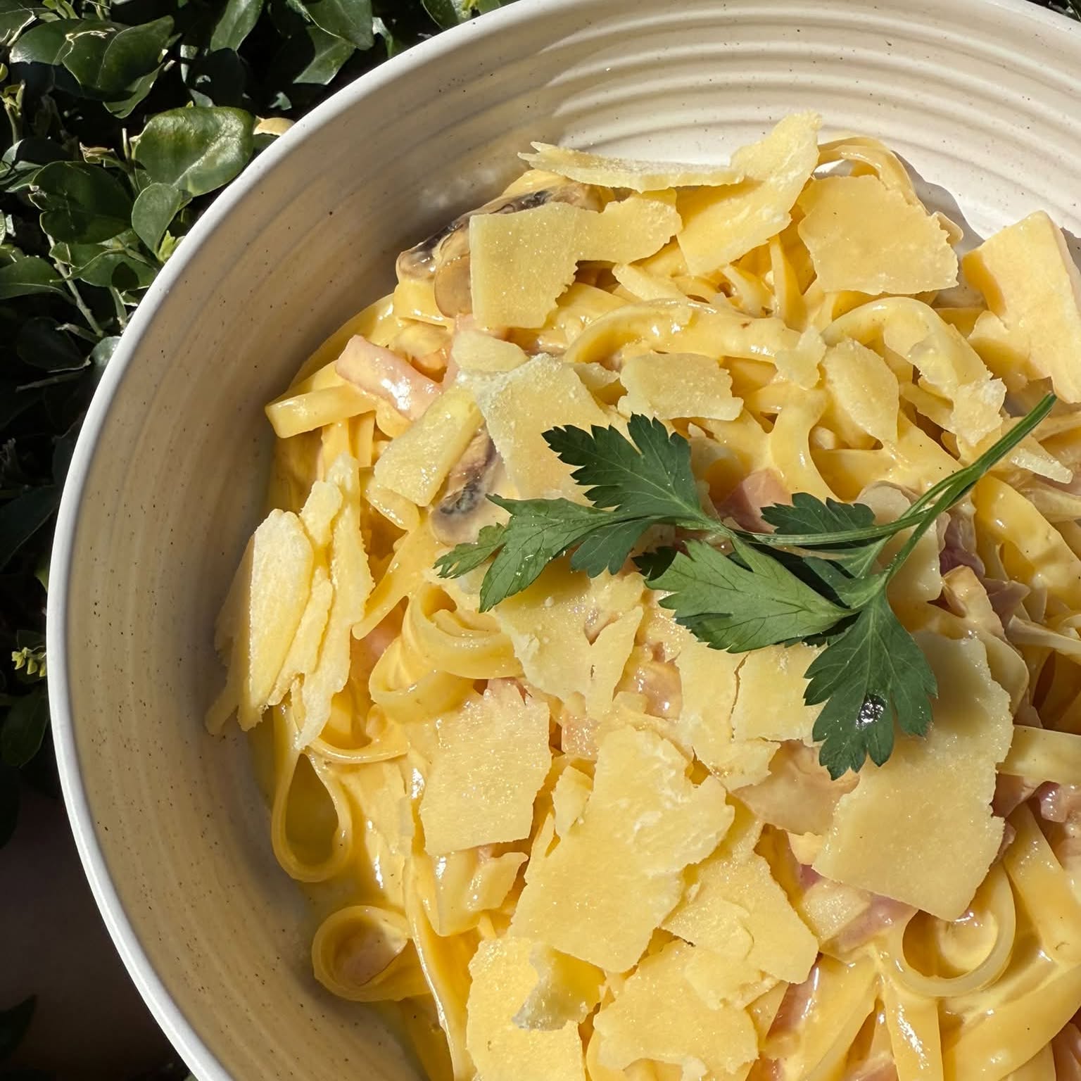 Fettuccine carbonara with shaved parmesan